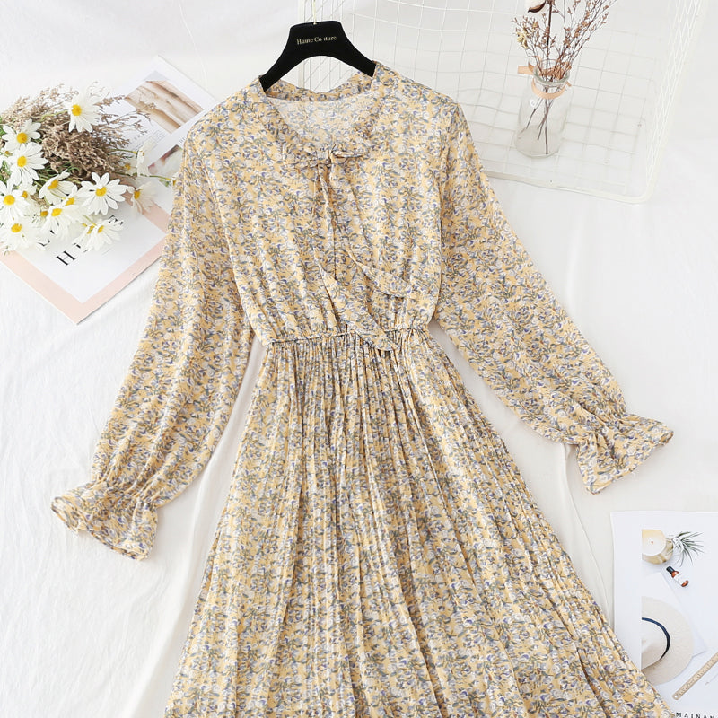 Chiffon bow pleated skirt elastic waist temperament thin age reducing Floral Dress  4087