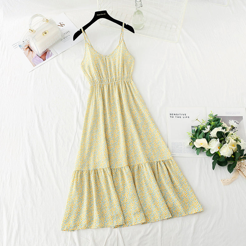 New sweet floral skirt French retro suspender dress  4123