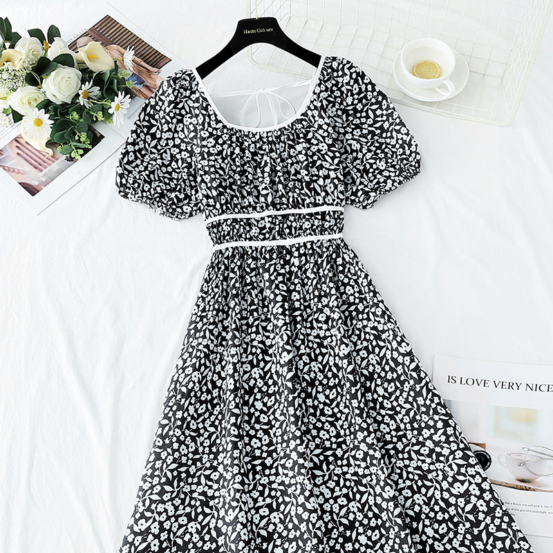 Small fresh sweet floral dress retro bubble sleeve  4274