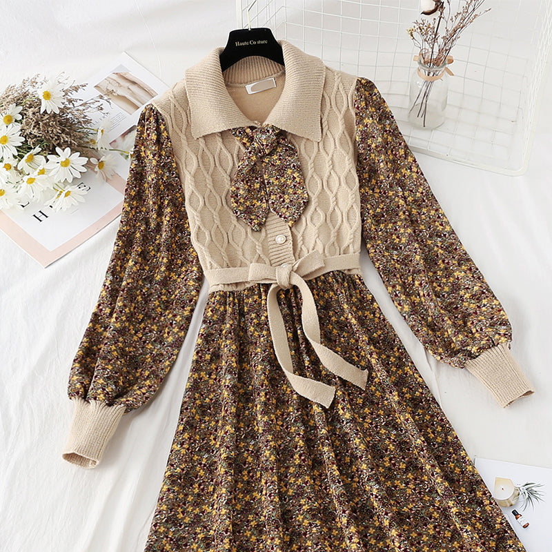 Patchwork lace up floral skirt slim elastic waist Corduroy Skirt  4086