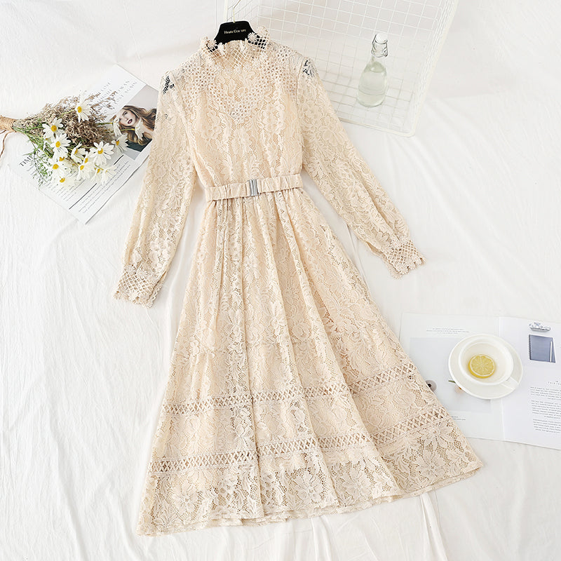 Stitched lace dress gentle style slim temperament bottomed skirt women  4094