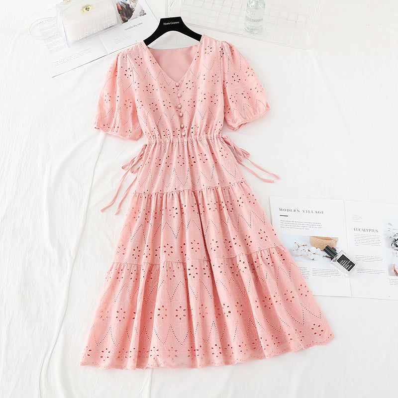 Hook embroidery French retro waist closing long skirt with thin temperament  4221