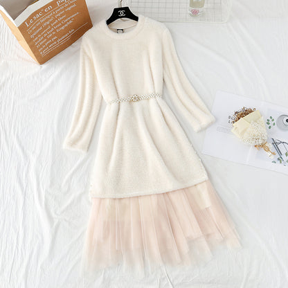 Mink sweater female + mesh skirt two piece set  3954