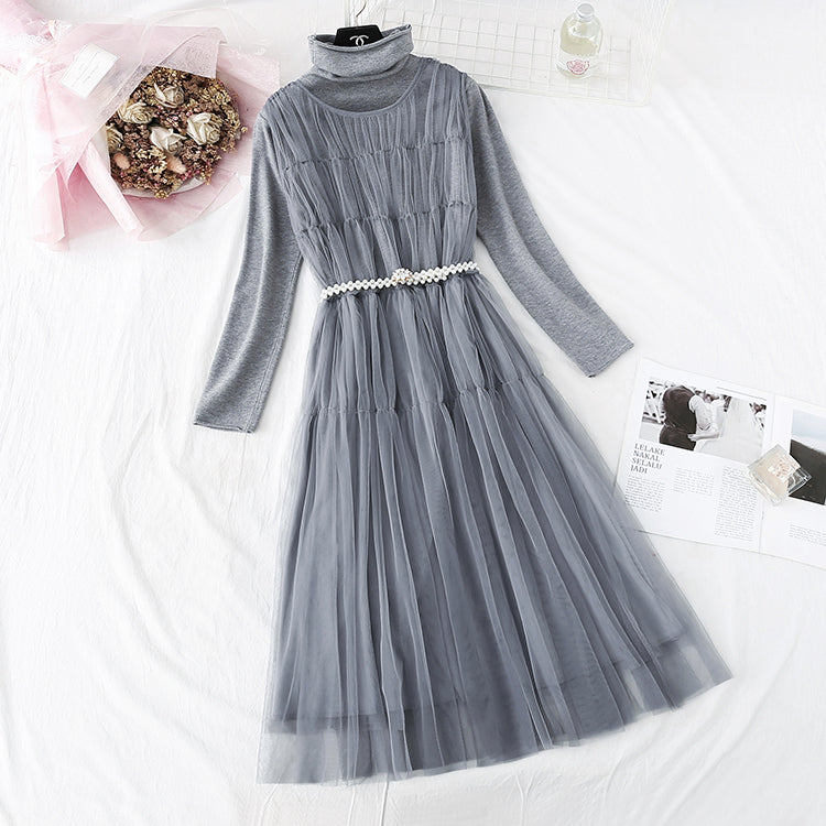 Mesh vest skirt + high neck bottomed shirt two-piece set  3979