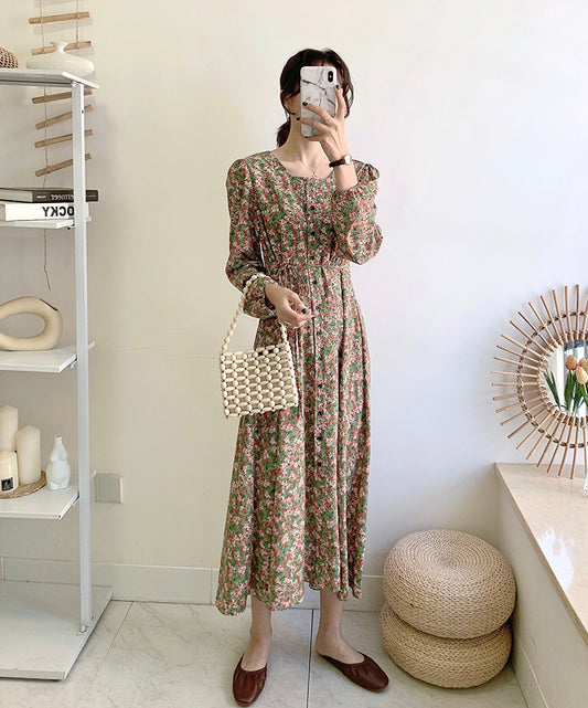 Knee thin lace up square neck fairy Vintage Floral Dress  3911