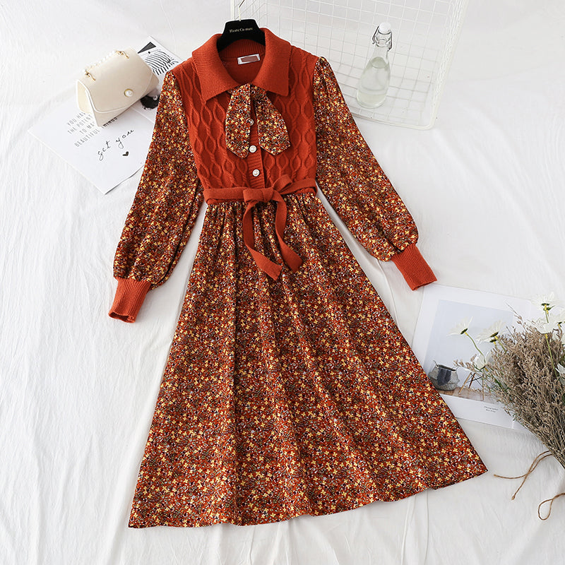 Patchwork lace up floral skirt slim elastic waist Corduroy Skirt  4086