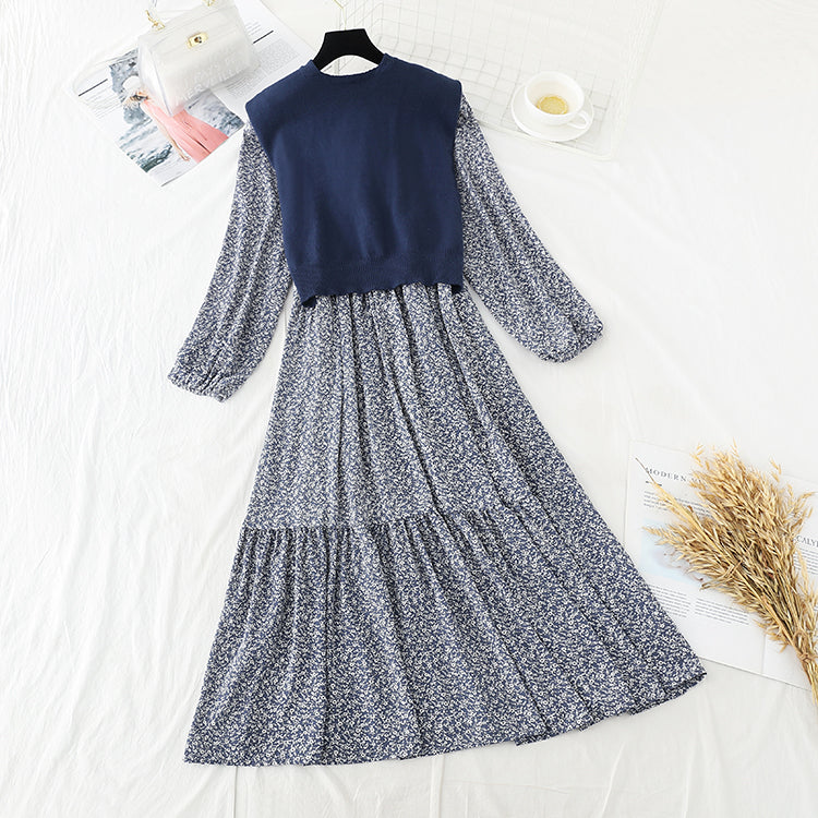 Long large skirt stitched small fresh floral dress with shawl  3880