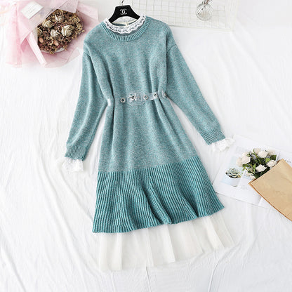 Knitted over knee wool dress with mesh inner skirt  3999