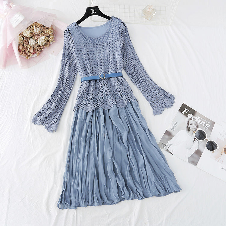 Hollowed out lace blouse Chiffon Dress  4010