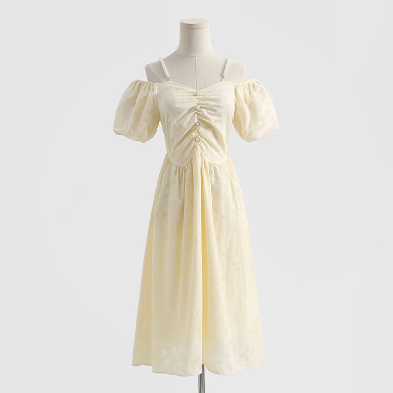 Französisches schulterfreies Kleid aus Baumwollleinen mit Hosenträgern 4293