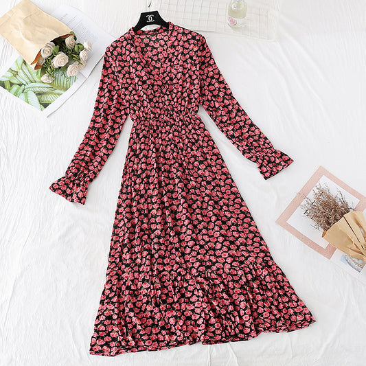 Retro broken flower pleated Korean version waist fairy long skirt  3814