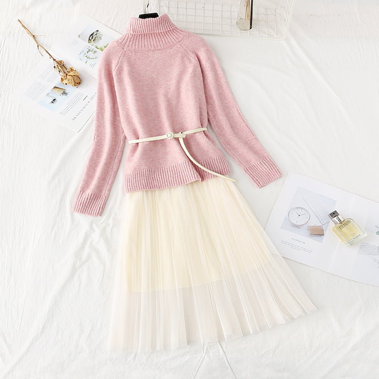High neck sweater knitted dress mesh two-piece suit skirt  3960