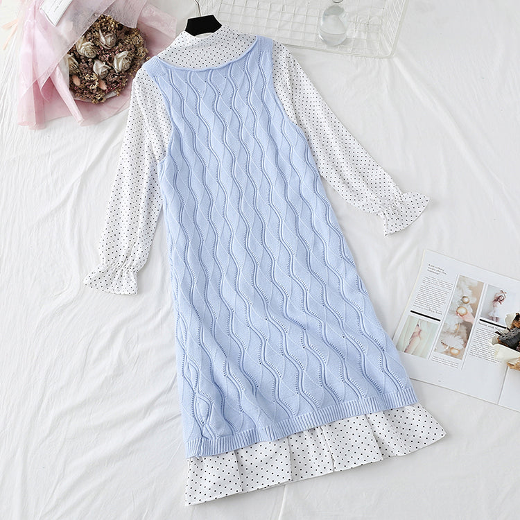 College storm point skirt + knitted vest two-piece suit female  3854