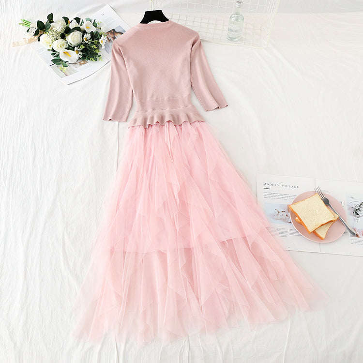 Stitched mesh knitted dress is high, thin and light  3884