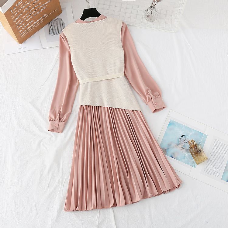 Knitted dress net red dress two piece suit  3875