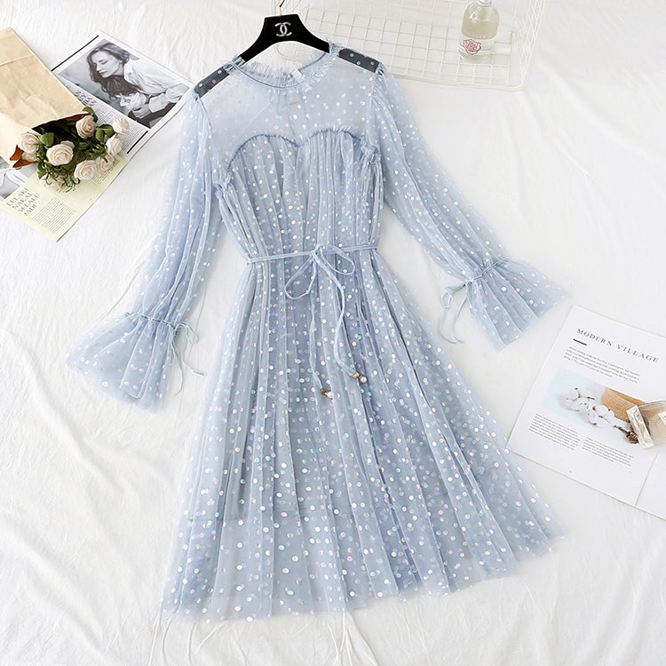 Sweet wave dot lace mesh dress  4039