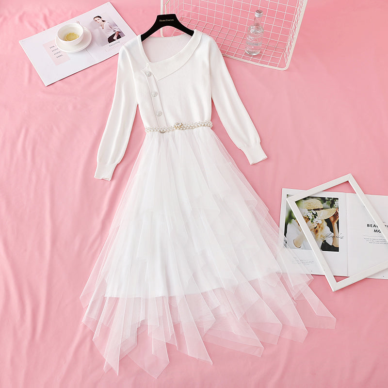 Mesh stitched irregular long skirt waist closing temperament gentle dress  3923