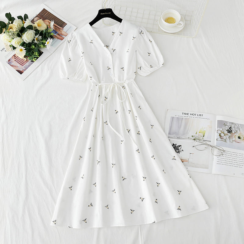 Cotton linen dress embroidered first love tea break skirt  4273