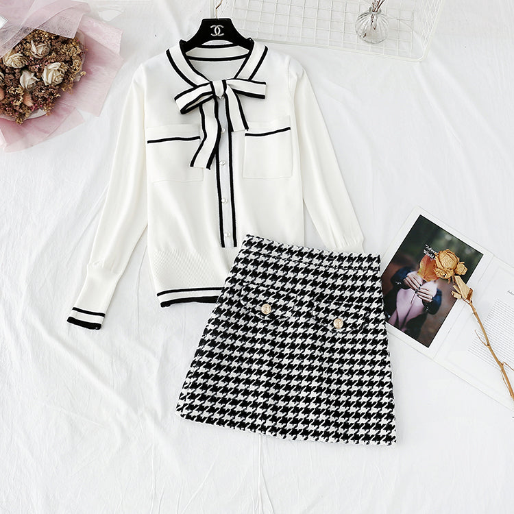 Knitwear + tweed skirt two piece dress   3951