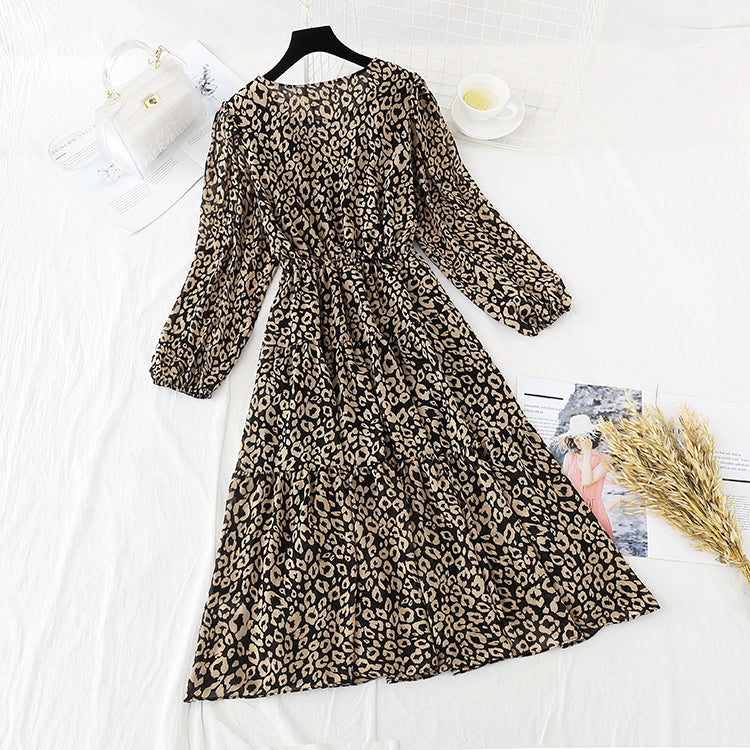 Gentle wind leopard print broken flower retro French bottomed skirt  3839