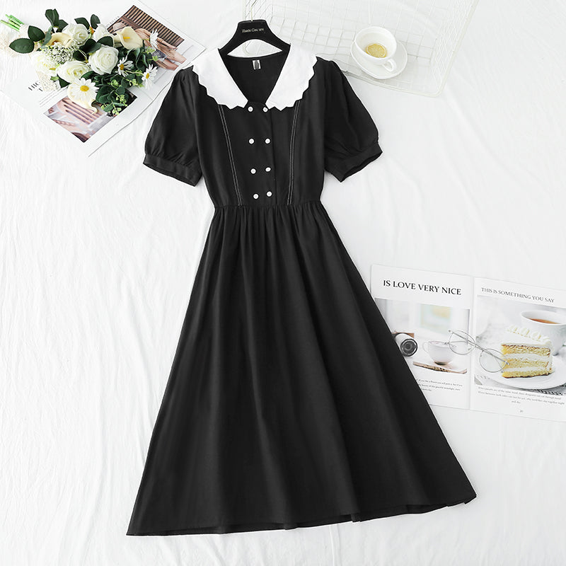 Cotton linen dress sweet bubble sleeve doll collar  4272