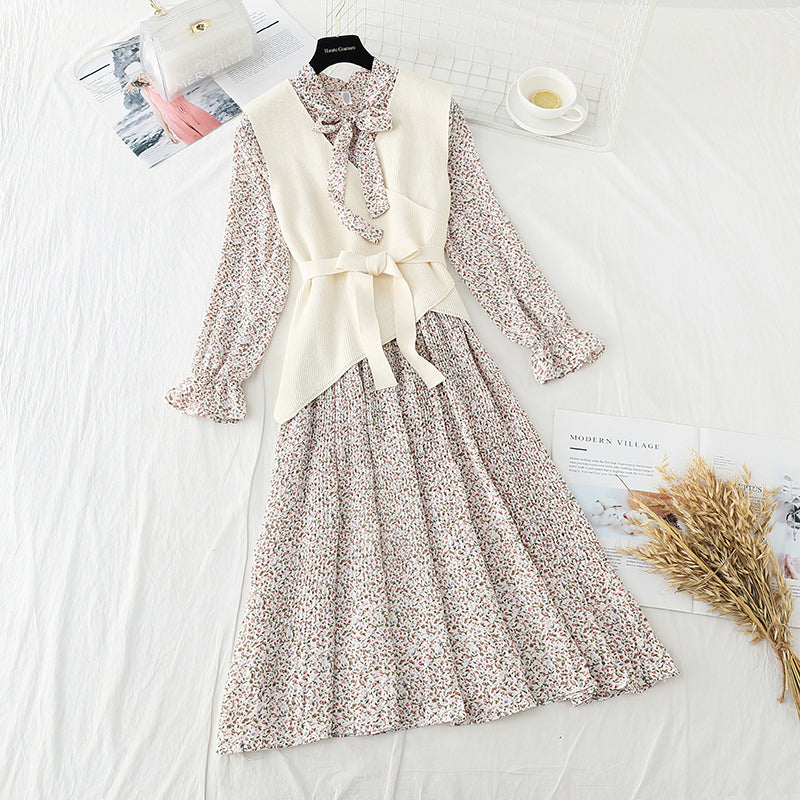 Suit knitted vest Pleated Chiffon Skirt two piece long skirt  3909