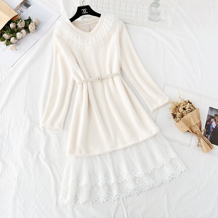 Mink plush fur sweet Ruffle lace stitched bottomed skirt  3953