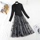 Irregular knit stitching fake two-piece mesh Butterfly Embroidery skirt female  3933