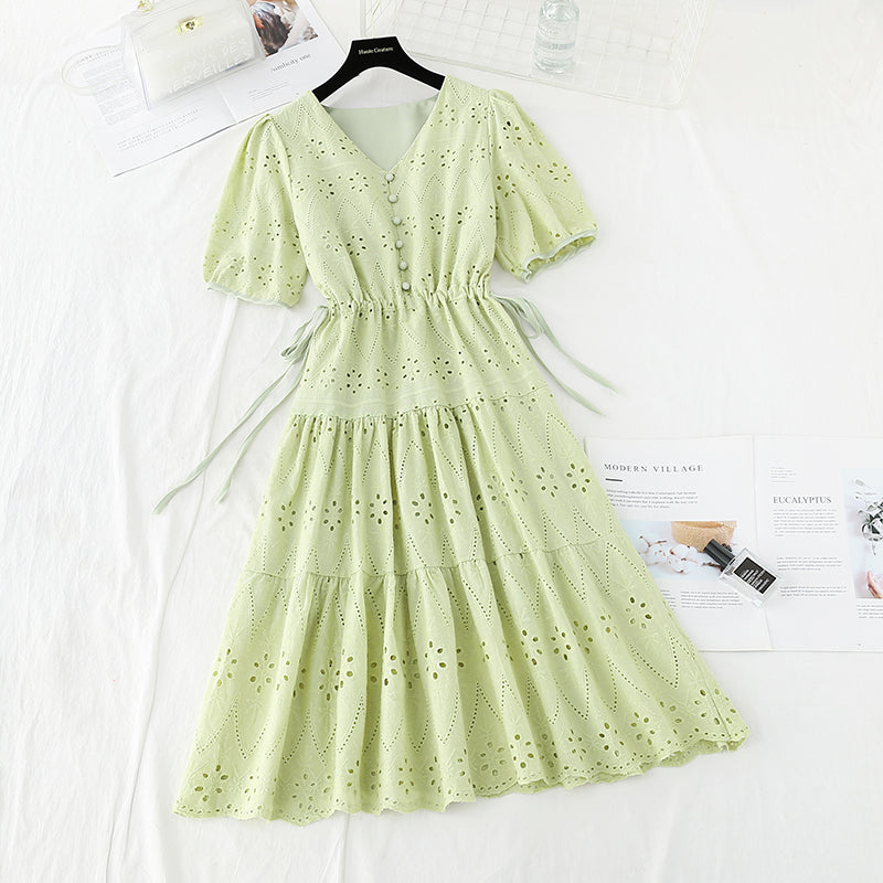 Hook embroidery French retro waist closing long skirt with thin temperament  4221