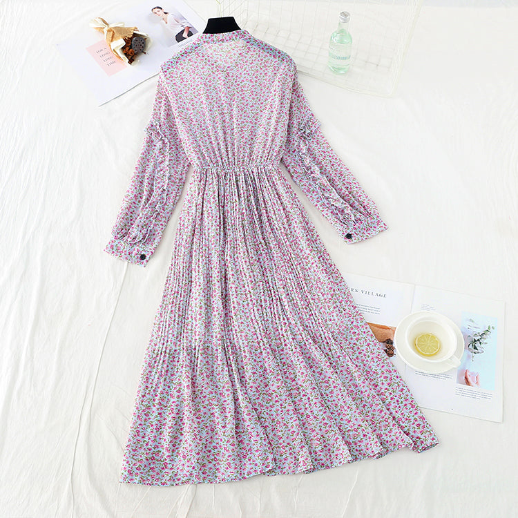 Bow tie Floral Chiffon slim dress  3886