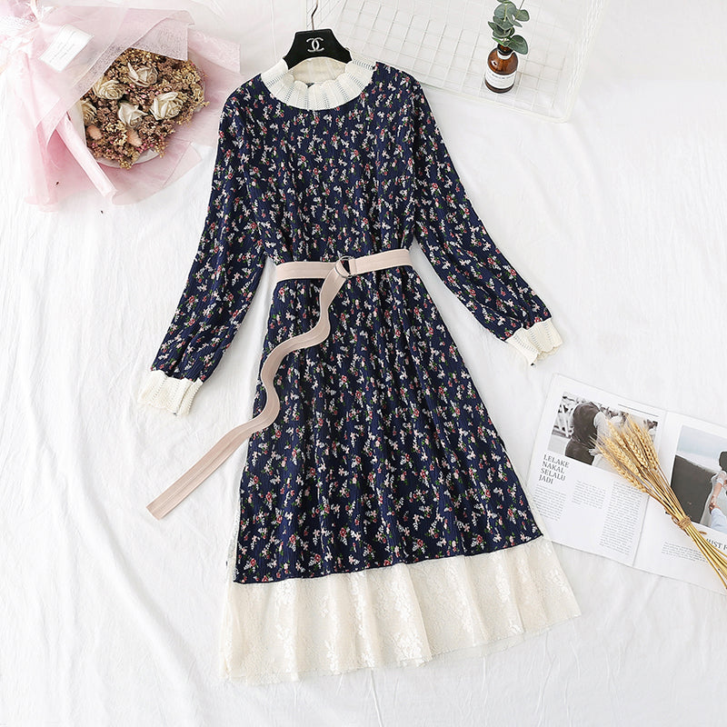 Printed French retro pleated slim waist skirt  3967