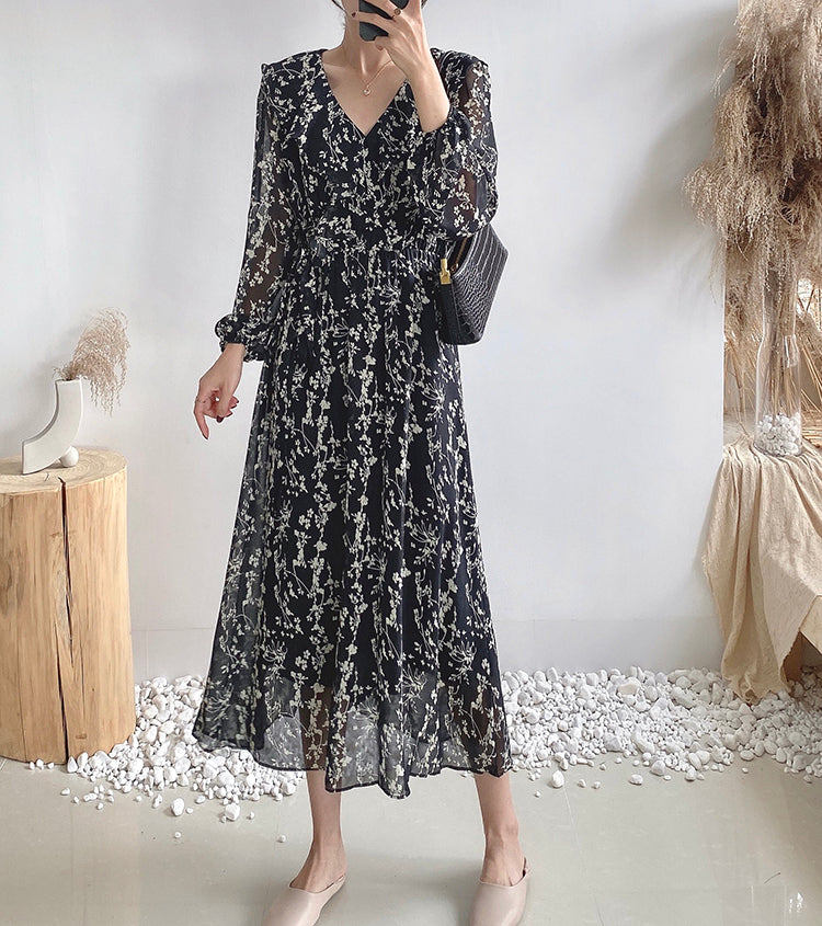 Retro High Waist over knee thin Chiffon Dress  3882