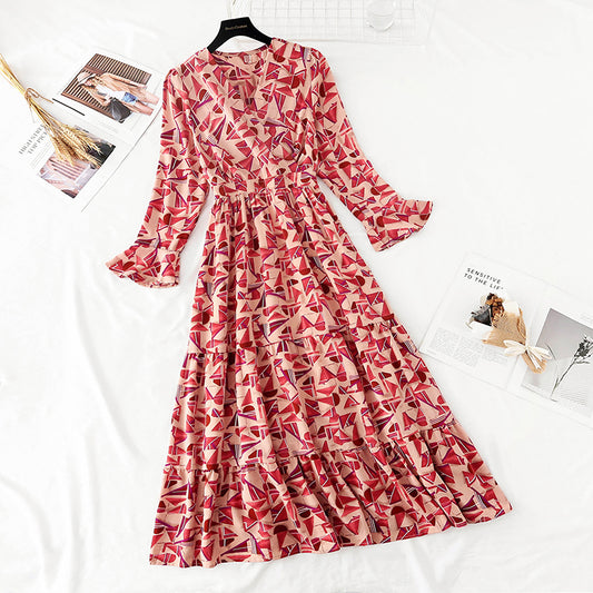 Slim waist, light familiar wind goddess fan retro long skirt  3828