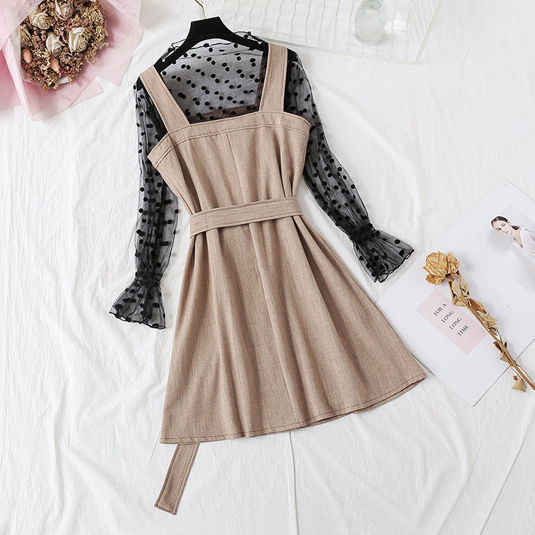 Strapskleid + Polka Dot-Shirt mit Netzboden, Set für Damen 3863