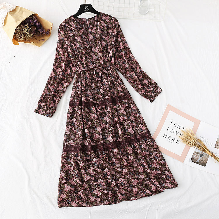 Korean Chiffon Dress French retro waist broken flower  3972
