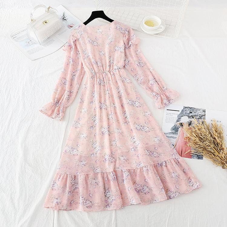 Robe rétro française à manches longues en mousseline de soie 3833