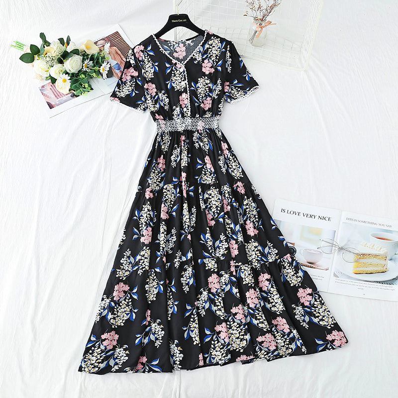 Cotton linen dress female V-neck floral dress waist  4245
