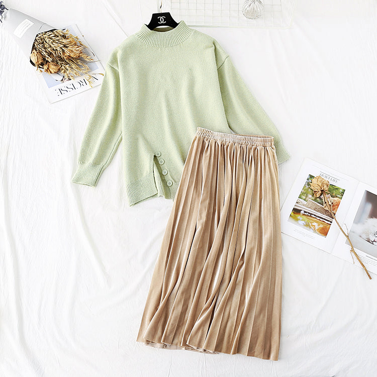 Split sweater + golden velvet skirt suit two-piece set  3977