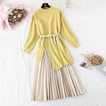 Knee knitted sweater pleated skirt two piece set  3962