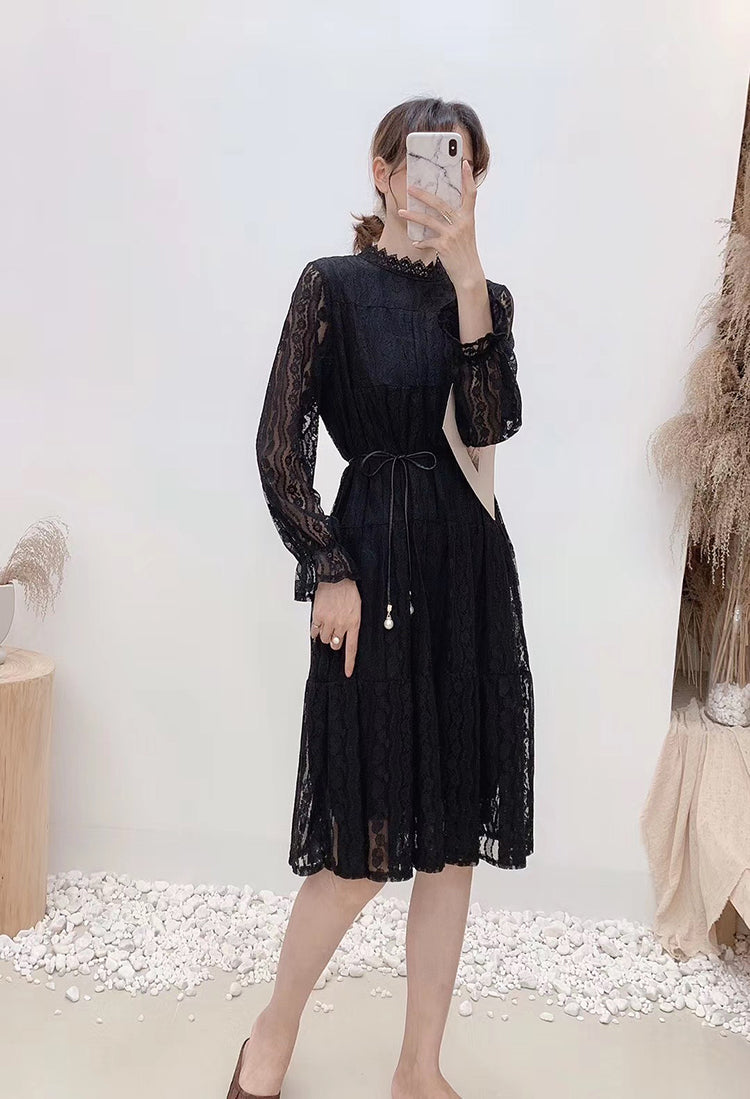 Hollow out lace long sleeve round neck high waist thin Fairy Dress  3872
