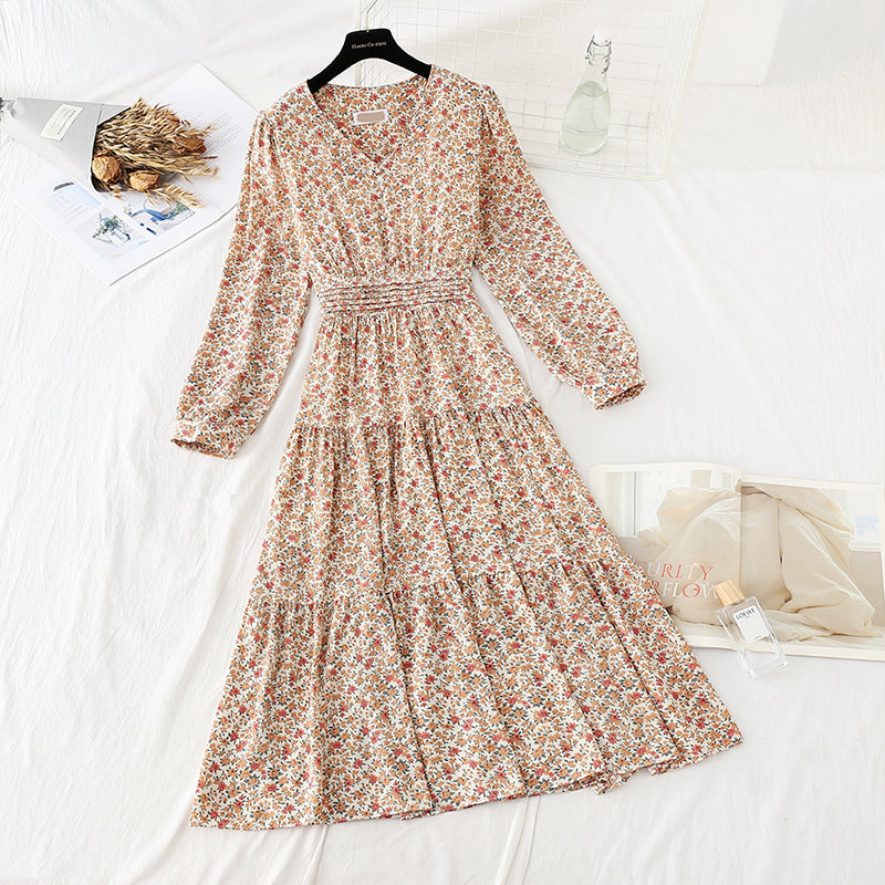 V-neck elastic waist covering belly, thin broken flower bottomed skirt  4057