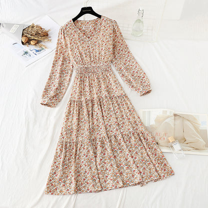 V-neck elastic waist covering belly, thin broken flower bottomed skirt  4057