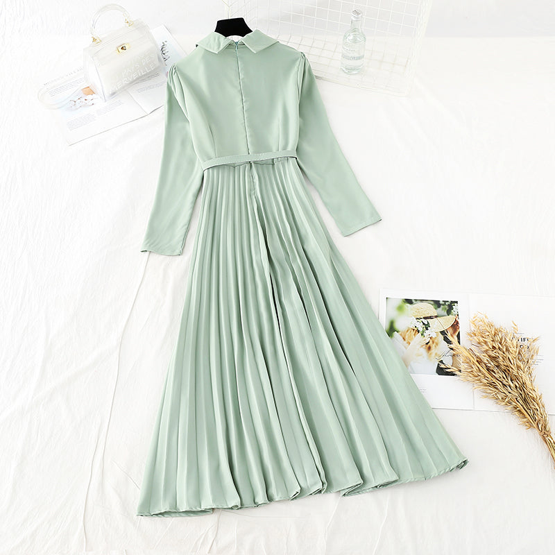 Slim waist, gentle wind dress, lapel, light familiar wind pleated skirt  3868