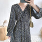 V-neck waist closing thin lotus leaf sleeve Floral Chiffon gentle wind dress  3912