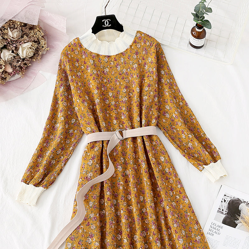 Printed French retro pleated slim waist skirt  3967