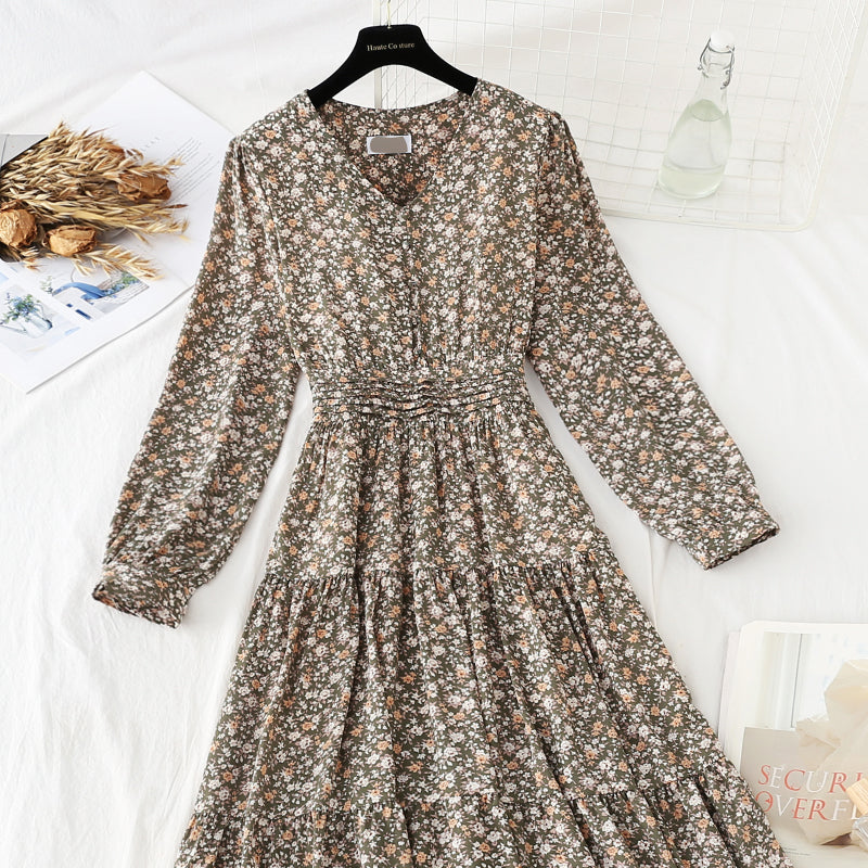 V-neck elastic waist covering belly, thin broken flower bottomed skirt  4057