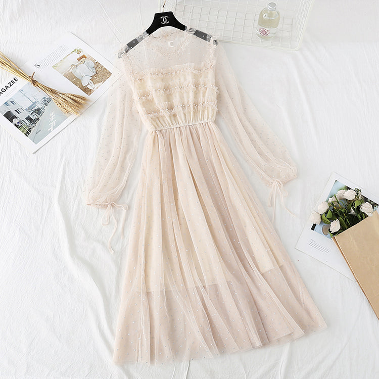 Gentle wind mesh dress French retro interior with bottom skirt  4004