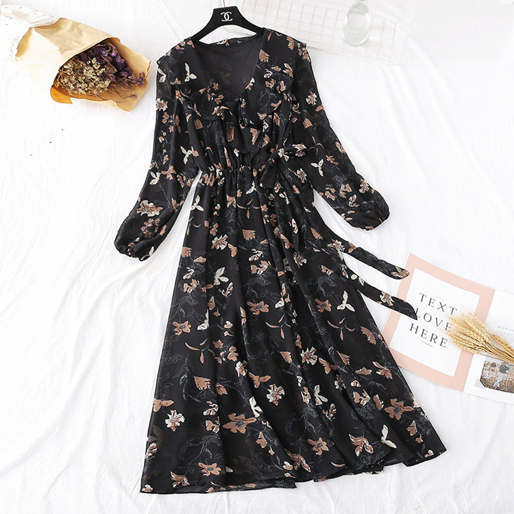 New French retro Mori floral style with a bottomed skirt at the waist  3969