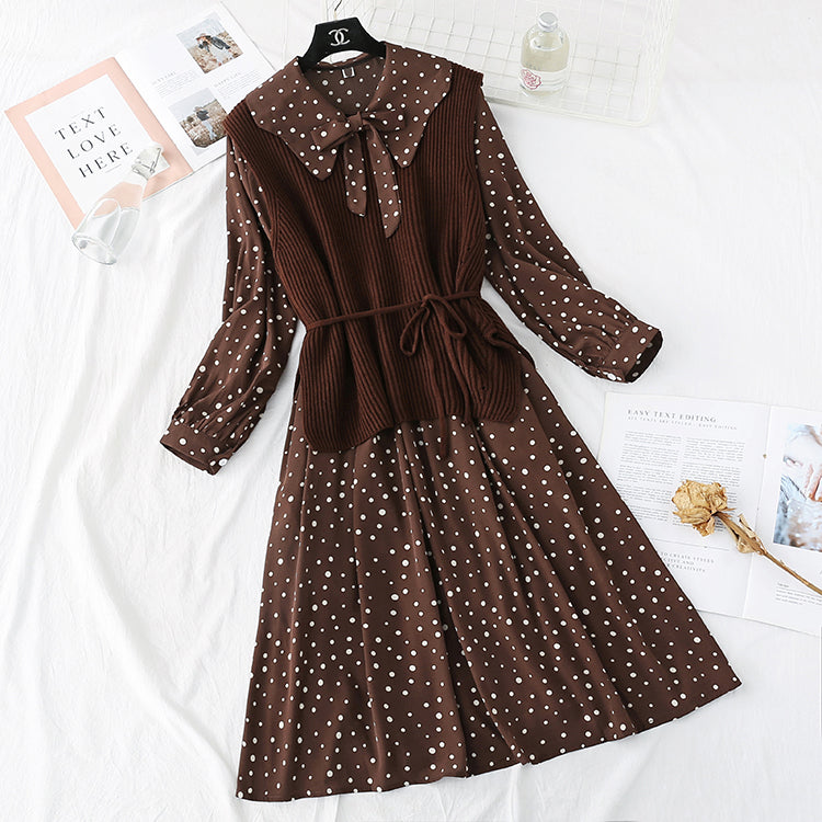 Knitted vest Sen sweater sweet wave point Chiffon Skirt Set two-piece set  3991