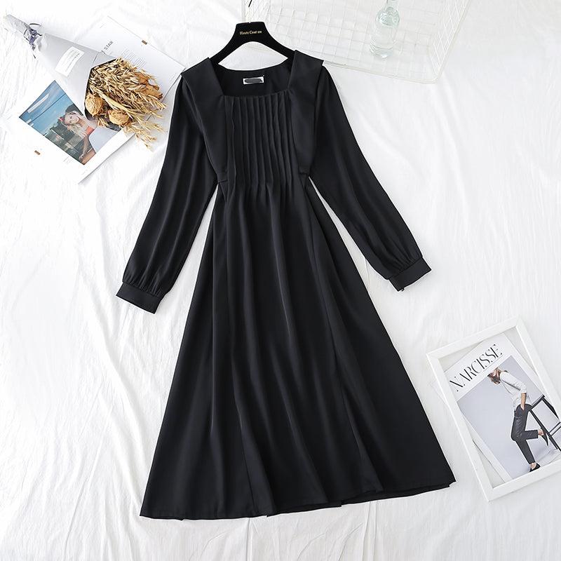 Solid color French retro dress women's wear with thin temperament  3938